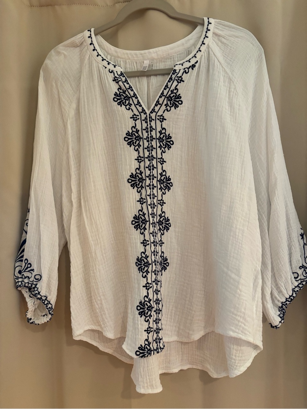White Gauze Tunic with Navy Embroidery